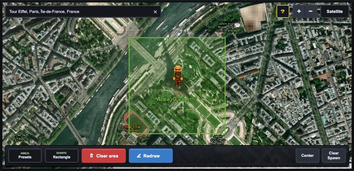 MaptoCraft 500 meter selection around the Eiffel Tower and Champ de Mars in Paris