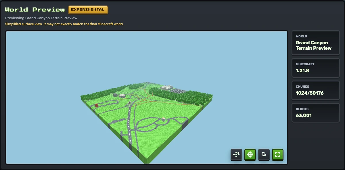 Generated MaptoCraft terrain preview for a Grand Canyon Mather Point test world
