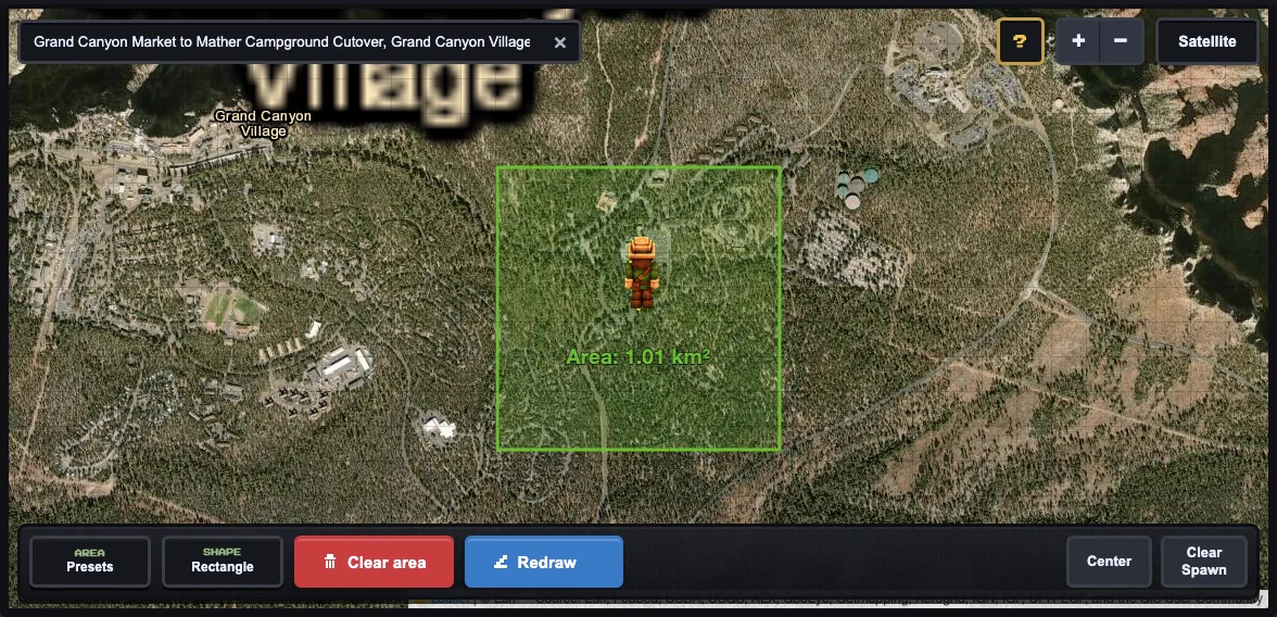 MaptoCraft 1 kilometer terrain test selection around the Grand Canyon Village and Mather area