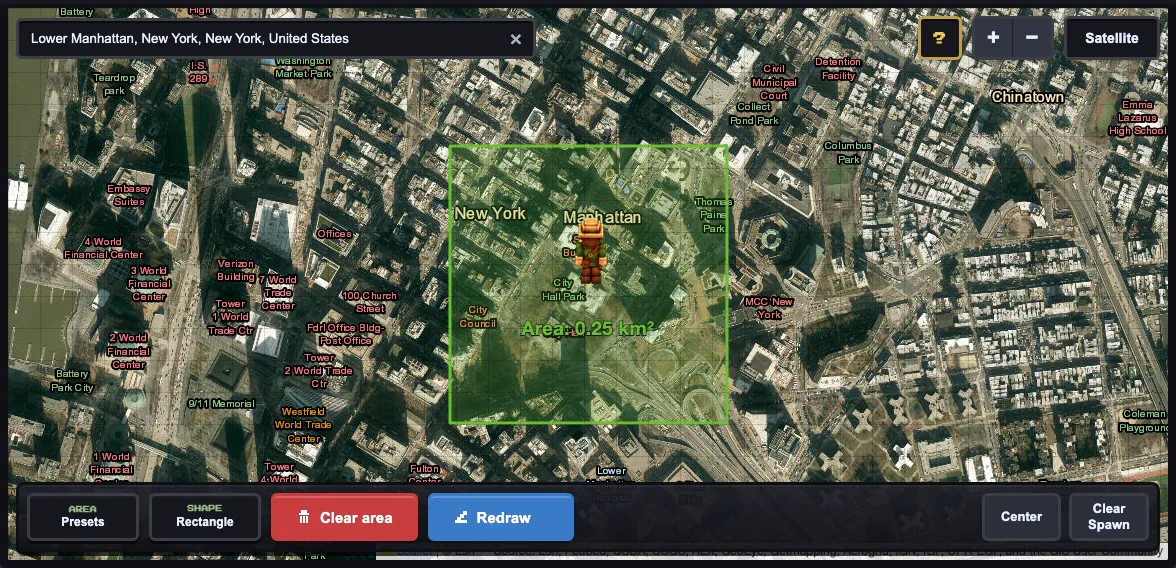 MaptoCraft map selection around Lower Manhattan using the Tiny 500 meter preset