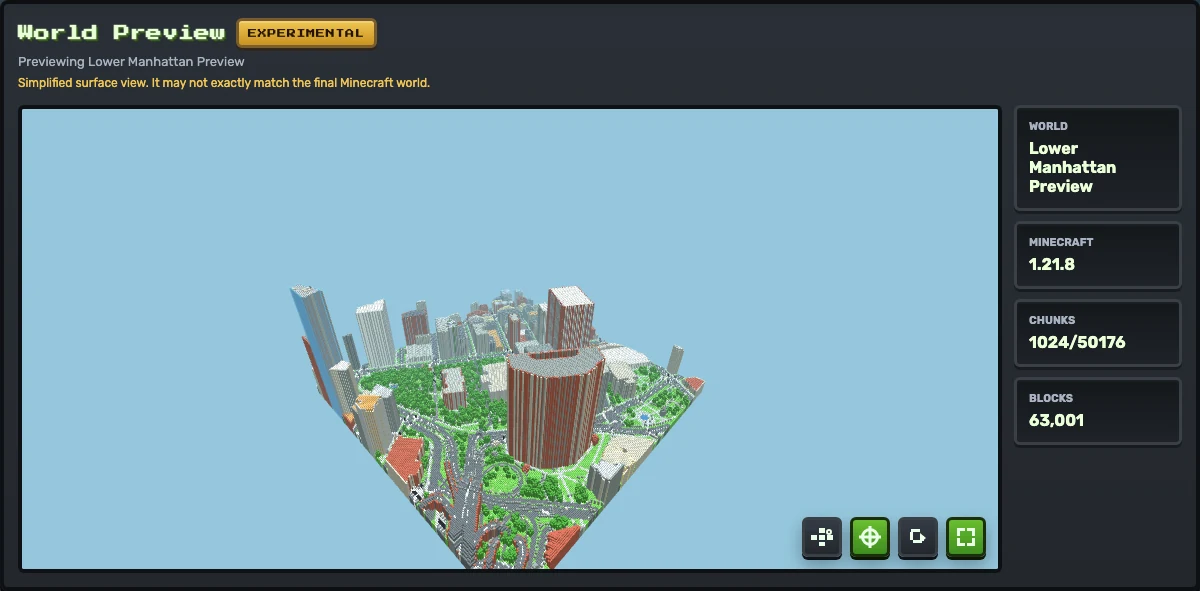 MaptoCraft generated Minecraft preview for a Lower Manhattan 500 meter test world